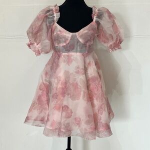 Pink Floral Puff-Sleeve Mini Dress